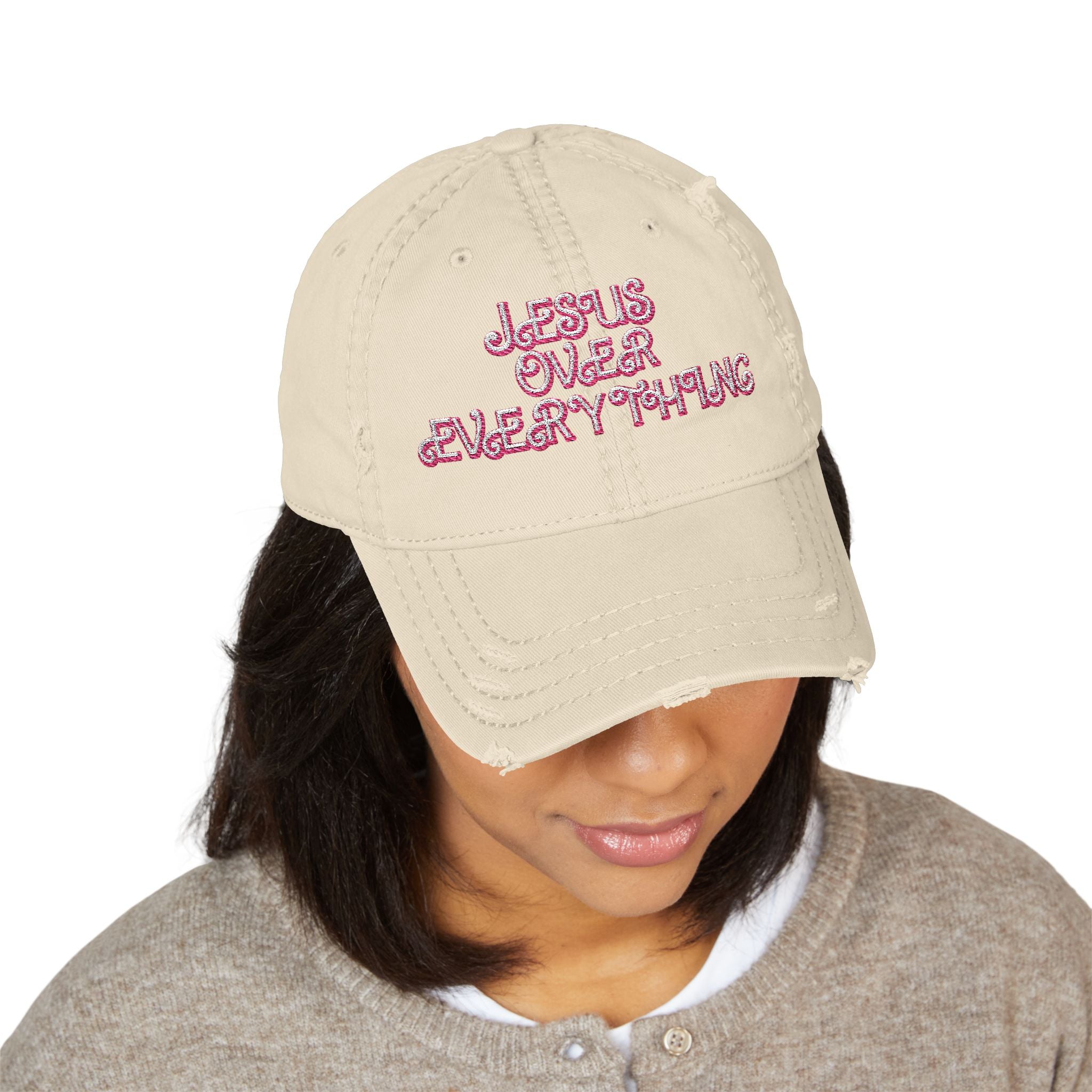 Jesus Over Everything Embroidered Distressed Hat