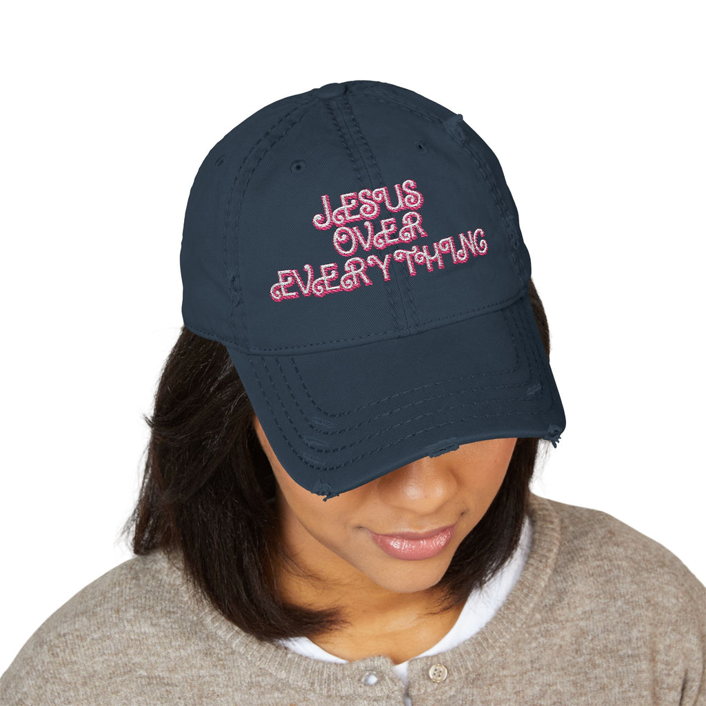 Jesus Over Everything Embroidered Distressed Hat