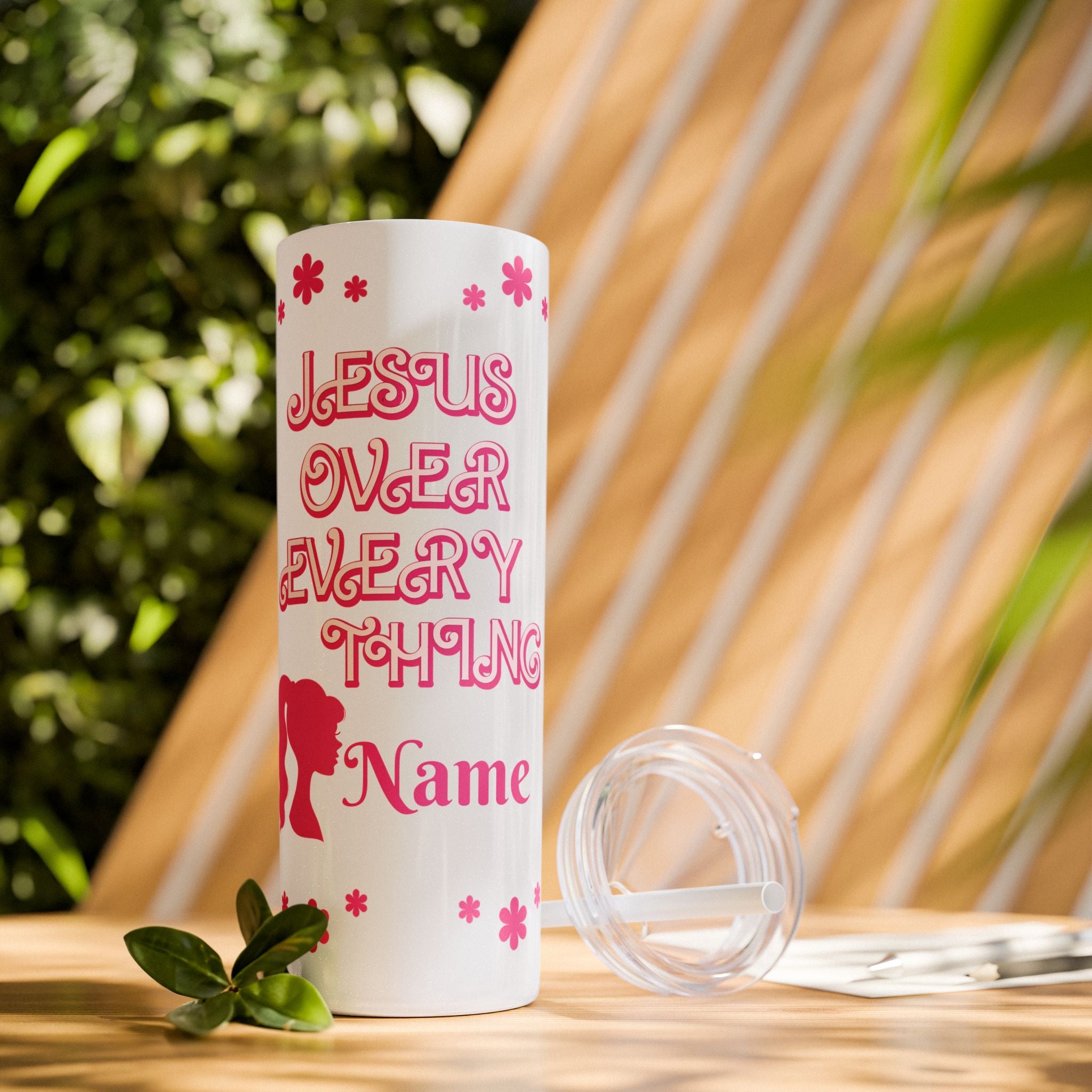Jesus Over Everything Custom Skinny Tumbler with Straw, 20oz