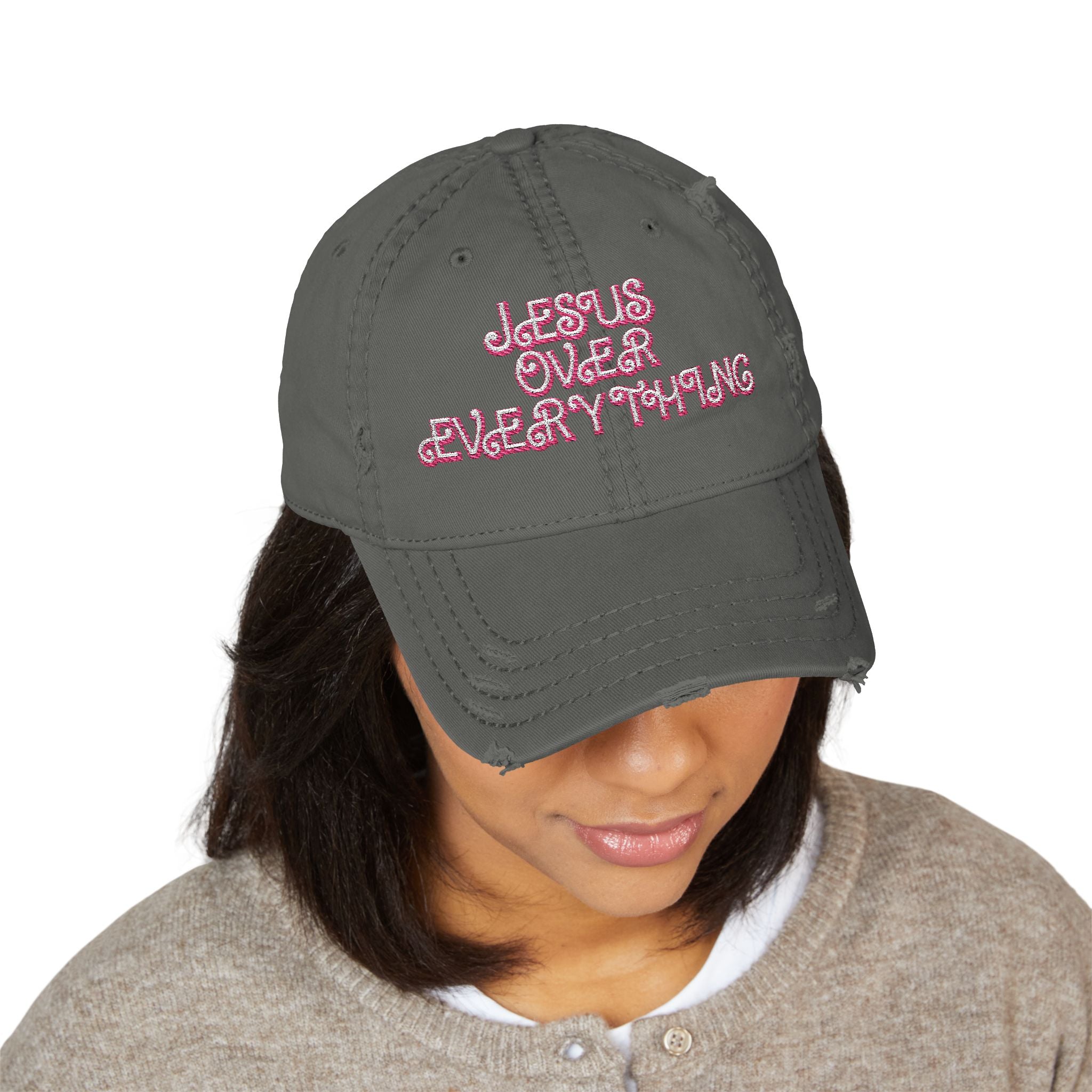 Jesus Over Everything Embroidered Distressed Hat