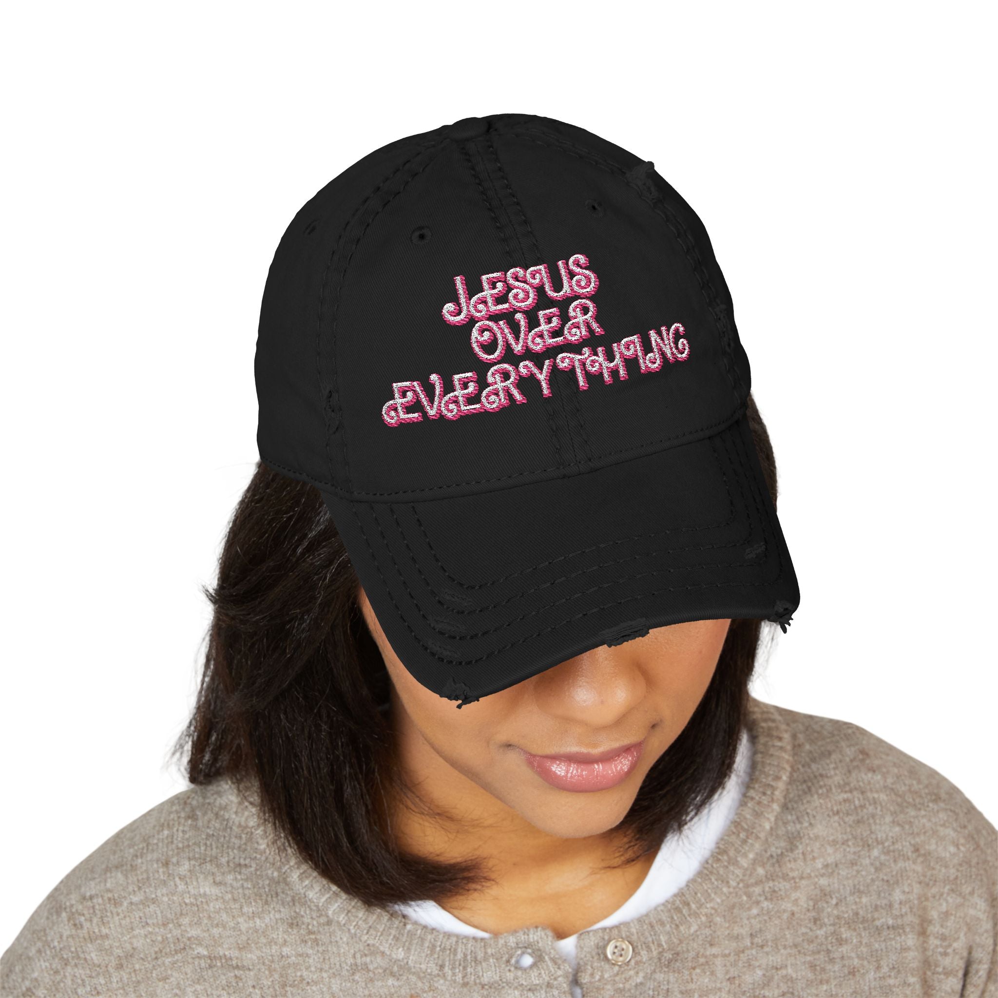 Jesus Over Everything Embroidered Distressed Hat